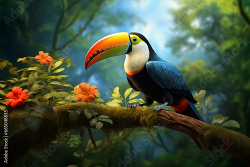 Perched on a leafy bough, a vibrant toucan and regal hornbill bask in the natural beauty of the great outdoors