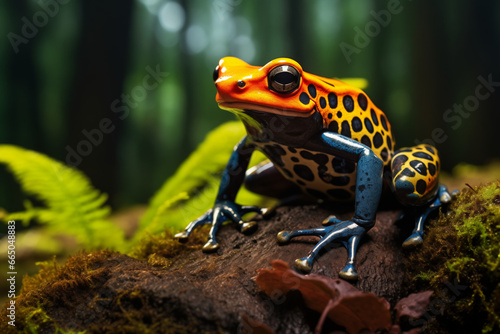 Mesmerizing phyllobates perched atop a rugged rock, the wild amphibian basks in the warm rays of the outdoors, embodying the untamed beauty of nature © 123dartist