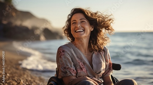 Disabled woman looking spending time on the beach by sea in a sunny day