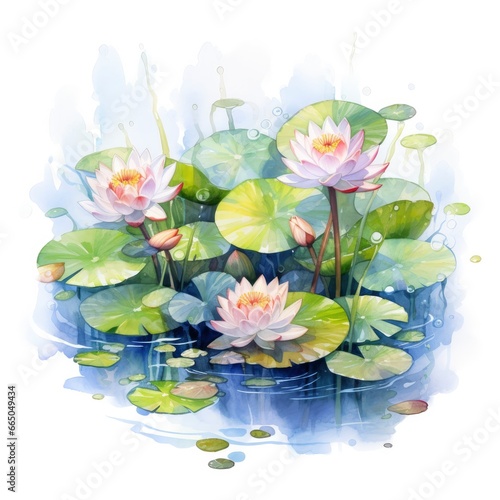 Water Lily in Pond. Watercolor design.