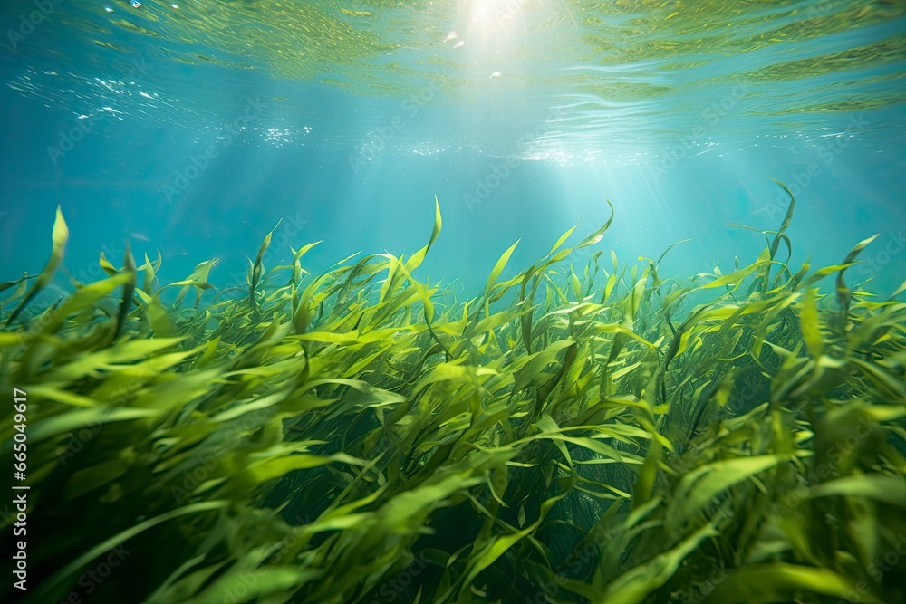 Underwater view of a group of seabed with green seagrass.