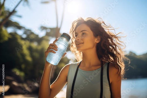 Beautiful young woman in sunglasses drinking water from a plastic bottle sunshine Generative AI