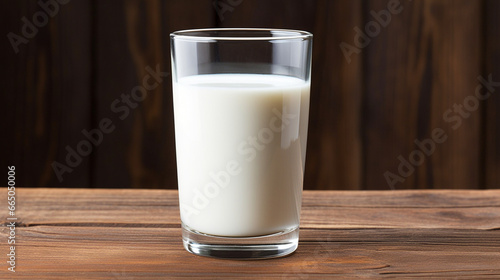 A pristine glass of milk sitting on a rustic wooden tabletop, with a few drops of water condensation forming on the outside