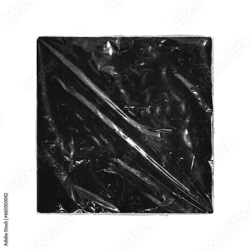 a png crumpled and torn plastic bag wrap on a square black canvas on transparent background, overlay texture effect for music cd covers, posters, greeting cards, banners, web, landings and other 
