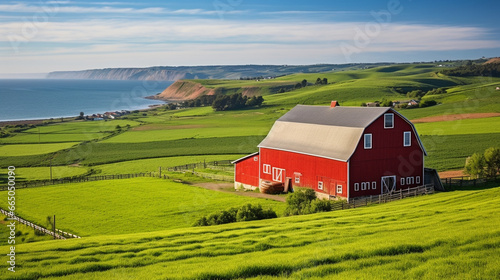 A serene countryside landscape with a picturesque red barn nestled among rolling hills, surrounded by a sea of green pastures