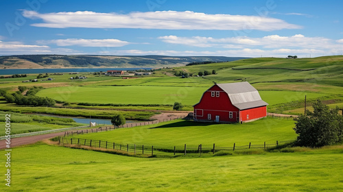 A serene countryside landscape with a picturesque red barn nestled among rolling hills, surrounded by a sea of green pastures