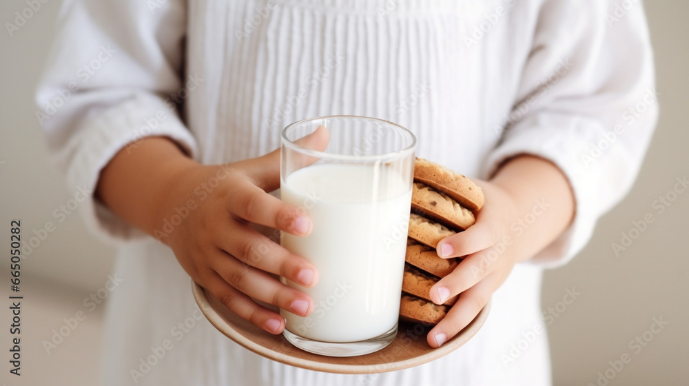 A young child's hands joyfully holding a cookie dipped in milk, capturing the simple delight of this classic snack A young child's hands joyfully holding a cookie dipped in milk, capturing the simple delight of this classic snack