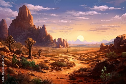Desert trek - panoramic view. Generative AI