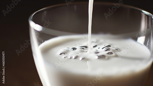 A captivating slow-motion shot of a milk droplet creating a mesmerizing ripple as it meets the surface of a full glass
