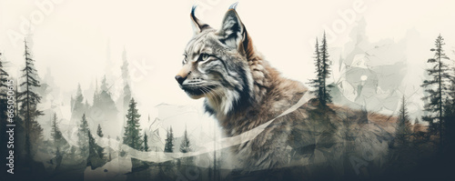 Majestic eurasian lynx design for t shirt print.  on white background. wide banner © Michal