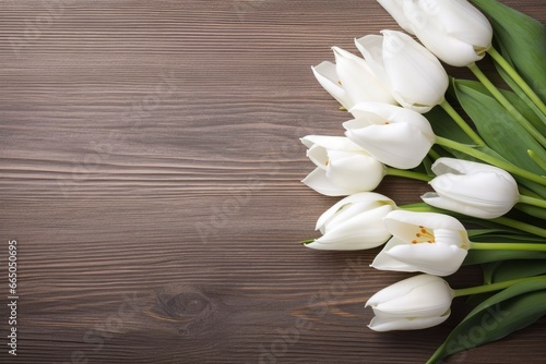 White tulips on wood table.