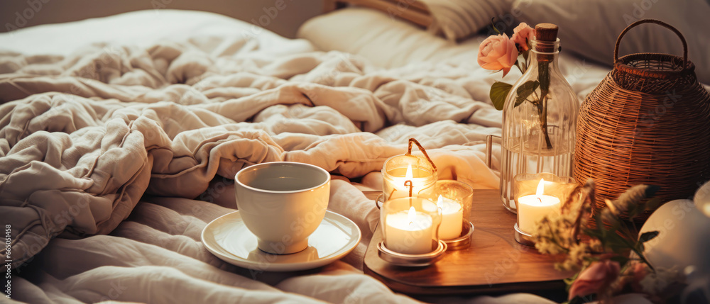 Cozy romantic Valentines Day breakfast composition with tray of breakfast on bed linen sheet. still life. Cup of coffee, warm candle light. Morning relax,ambience. Hotels bedroom. Generative ai.