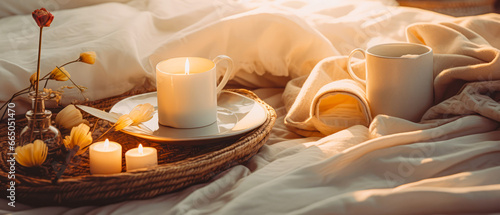 Cozy romantic Valentines Day breakfast composition with tray of breakfast on bed linen sheet. still life. Cup of coffee, warm candle light. Morning relax,ambience. Hotels bedroom. Generative ai. photo