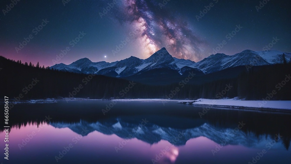 sunset over lake  A starry night over a snowy mountain range. The Milky Way galaxy is visible in the sky,  
