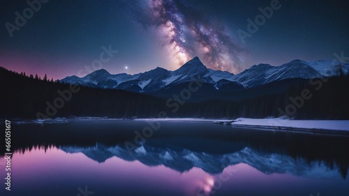 sunset over lake A starry night over a snowy mountain range. The Milky Way galaxy is visible in the sky, 
