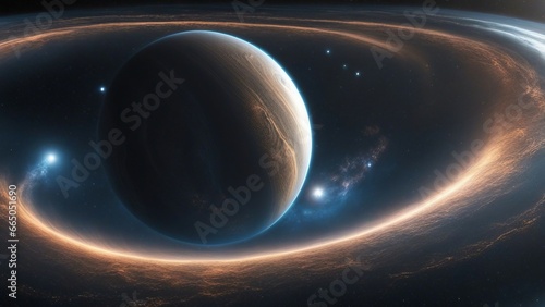 an earth and stars  An alien-ringed planet and a blue nebula in outer space. The image shows a wide-angle and dynamic view 