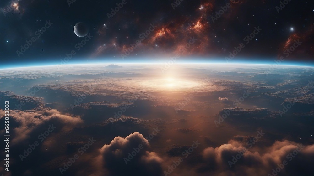 planet in space  Wide panel of outer space with many different stars, planets and cloud formations_and a meteor impacting the planet - obrazy, fototapety, plakaty 