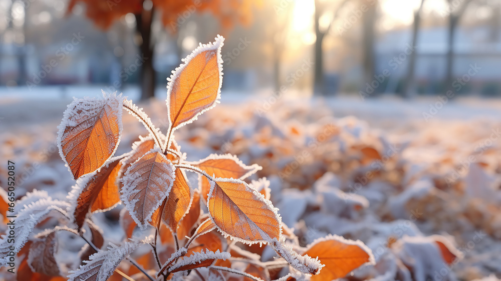 Obraz premium Beautiful colorful nature with bright orange leaves covered with frost in late autumn or early winter.