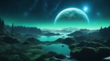 landscape with moon and stars A dreamy space scene with a blue and green planet and two moons. The planet has oceans, forests,  