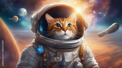 cat in space, A cat astronaut in outer space with the Earth behind it.  