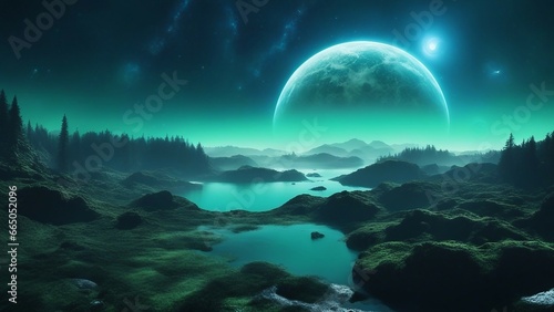 landscape with moon and stars A dreamy space scene with a blue and green planet and two moons. The planet has oceans  forests   