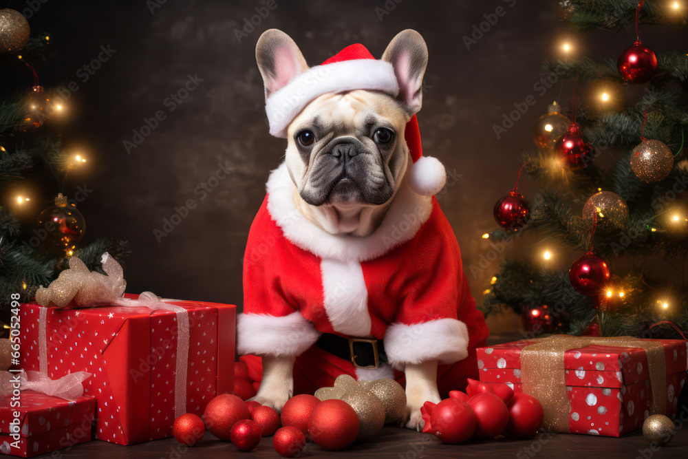 French bulldog wearing a Santa Claus costume on Christmas French bulldog wearing a Santa Claus costume on Christmas