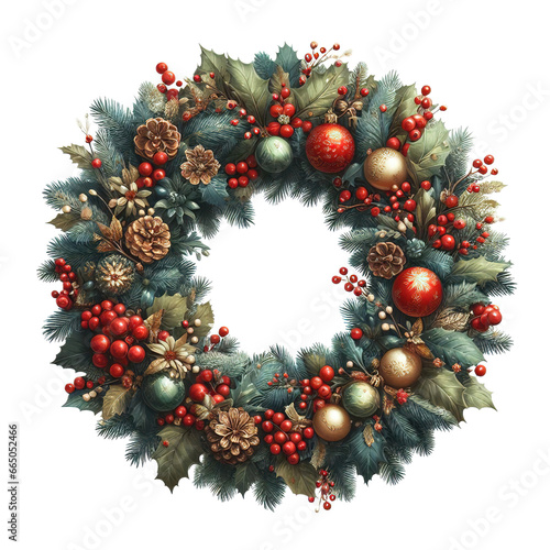 Festive Christmas wreath of fresh natural spruce branches with red holly berries isolated on white background.