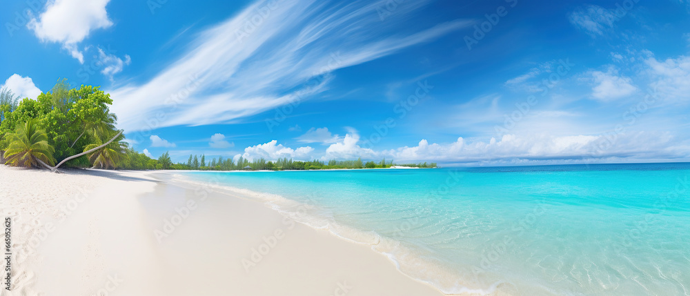 Beautiful sandy beach with white sand and rolling calm wave of turquoise ocean on Sunny day on background white clouds in blue sky. Island in Maldives, colorful perfect panoramic natural landscape. - obrazy, fototapety, plakaty 