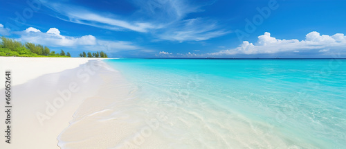 Beautiful sandy beach with white sand and rolling calm wave of turquoise ocean on Sunny day on background white clouds in blue sky. Island in Maldives, colorful perfect panoramic natural landscape.