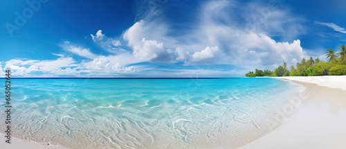 Beautiful sandy beach with white sand and rolling calm wave of turquoise ocean on Sunny day on background white clouds in blue sky. Island in Maldives, colorful perfect panoramic natural landscape.