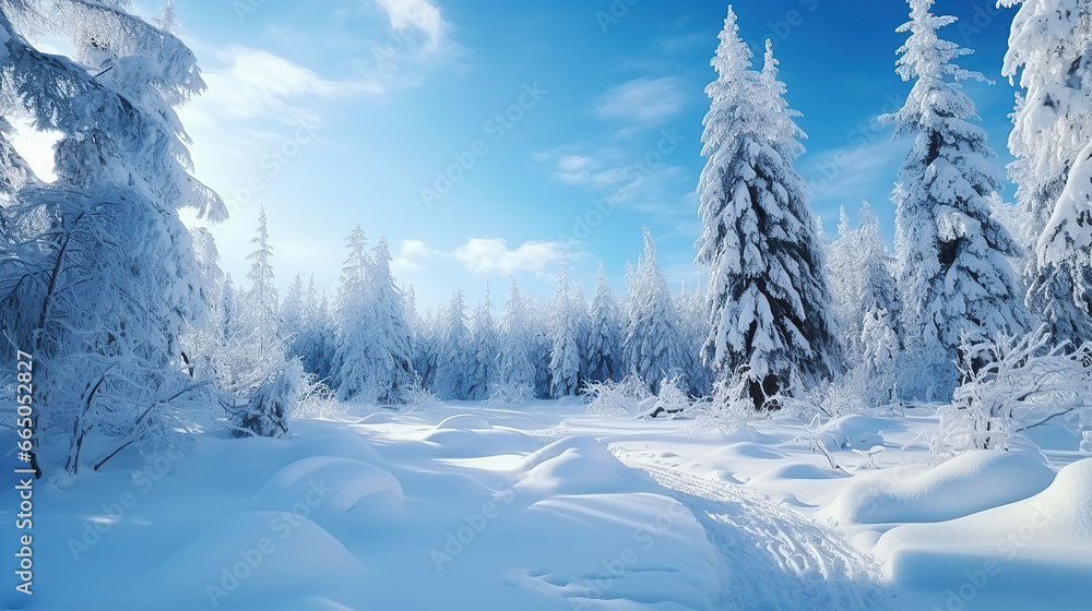 Beautiful winter landscape with fir trees in a snowy forest. Beautiful winter landscape with fir trees in a snowy forest.