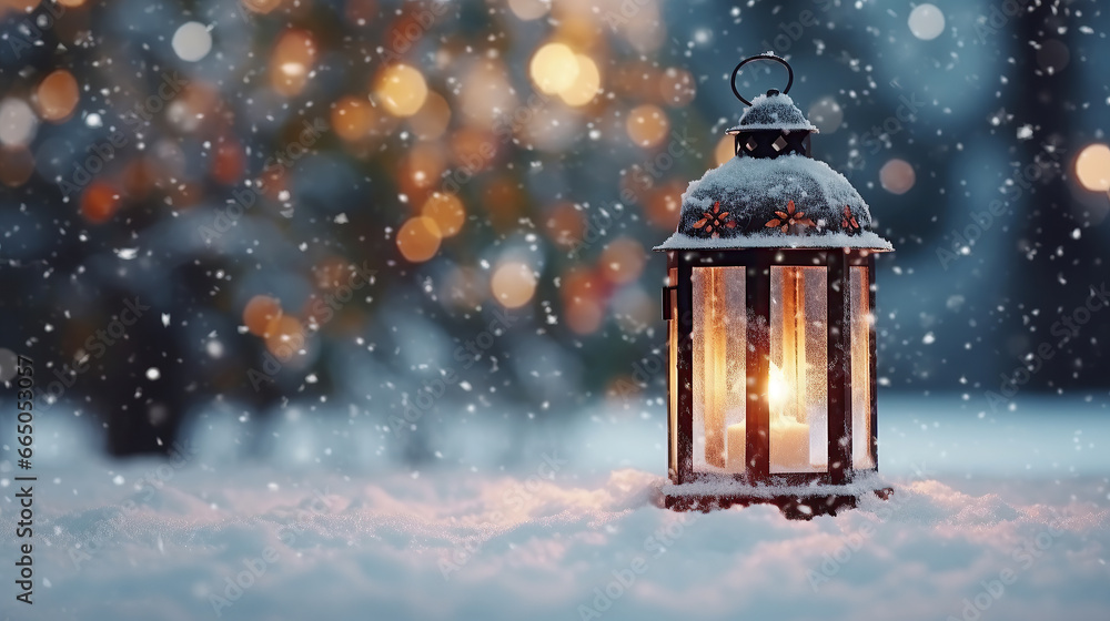 Christmas decoration with a lantern in the snow in a winter park with beautiful bokeh. Christmas decoration with a lantern in the snow in a winter park with beautiful bokeh.