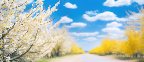 Defocused spring landscape. Beautiful nature with flowering willow branches and forest road against blue sky with clouds  soft focus. Ultra wide format.