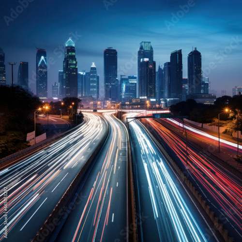 A city's evening rush hour captured in a long exposure photograph, showcasing the busy urban highway with streaks of light from headlights and taillights.ai generative