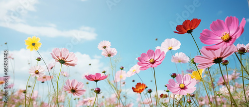 Multicolored cosmos flowers in meadow in spring summer nature against blue sky. Selective soft focus. © Santy Hong