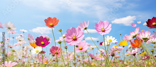 Multicolored cosmos flowers in meadow in spring summer nature against blue sky. Selective soft focus. © Santy Hong