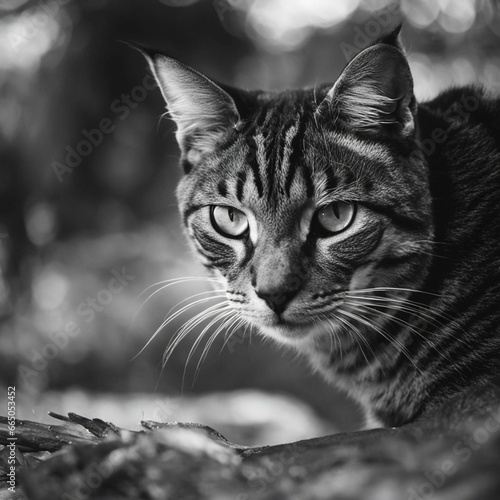 AI generated illustration of a beautiful gray and white cat sunbathing in a peaceful forest setting photo