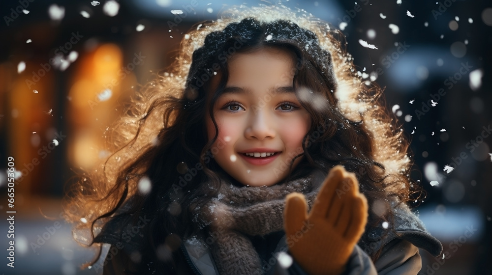 Beautiful little girl under snowfall in the background cozy light at home. Beautiful little girl under snowfall in the background cozy light at home.