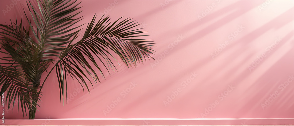 Shadow of palm leaves on pink wall with a beautiful plaster texture.