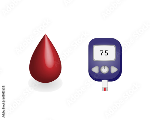 Glucometer. Medical Equipment for diabetes diagnosis. Fasting blood sugar level to measure blood glucose and diagnose diabetes. Blood droplet. Vector illustration.