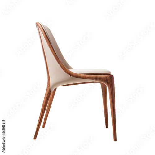 A low-angle shot, capturing the elegant tapering of the chair's wooden legs and its under-structure, isolated on a transparent background.