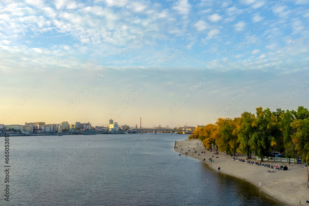  Panoramic view of Podol district and Dnypro river from  pedestrian bridge in Kyiv, Ukraine