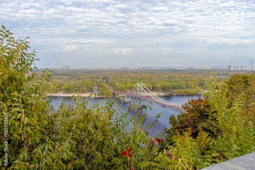  Panoramic view of Podol district and Dnypro river from  pedestrian bridge in Kyiv  Ukraine
