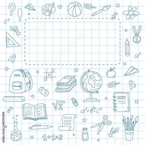 Cover of school notebook. Hand drawn school supplies, doodle. Back to School concept. Notebook sheet in cage with space for text. Blank for educational or scientific poster. Vector illustration