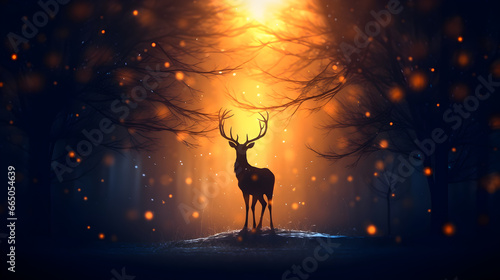 illustration d'un cerf majestueux à contre jour dans une forêt © Fox_Dsign