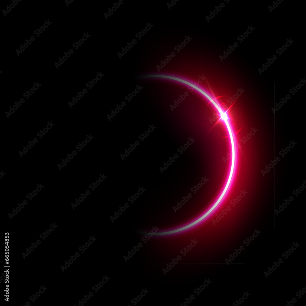 Red solar eclipse flare vector Illustration. Glowing sunlight circle with shining star. Energy semicircle bright curve with glare on edge, shiny design element on black background