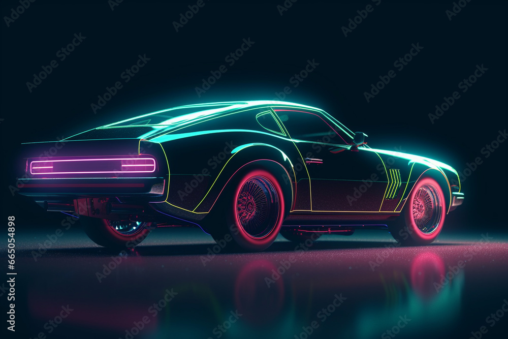 3D rendering of a classic car in neon light on a dark background