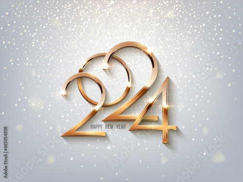 2024 Happy New Year banner vector template. Winter holiday, Christmas congratulations. Festive postcard, luxurious greeting card concept. Gold number with golden glitter illustration with text space