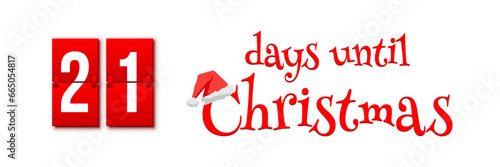 Countdown of days until Christmas, advent calendar with flip numbers template vector illustration. Red vintage text with Santa hat. 21 days until Christmas