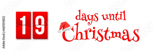 Countdown of days until Christmas, advent calendar with flip numbers template vector illustration. Red vintage text with Santa hat. 19 days until Christmas